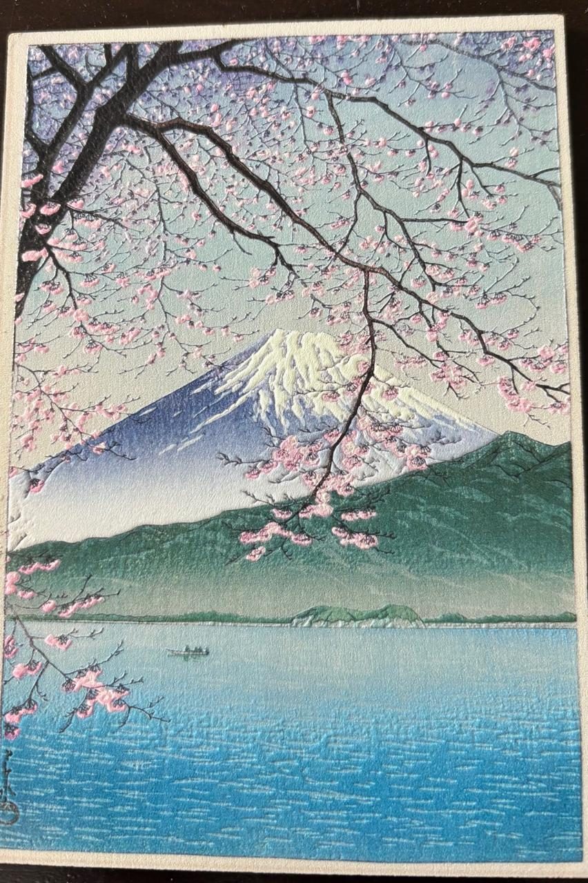 Print of Mount Fuji and cherry blossoms over Lake Kawaguchi, Kawaguchiko, Japan