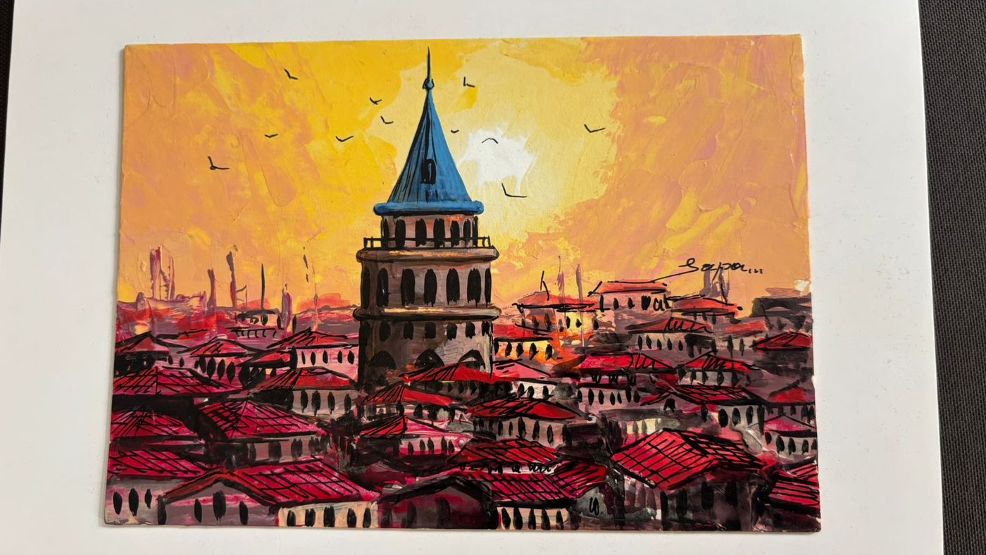 Painting of Istanbul's Galata Tower at sunset, Istanbul, Turkey
