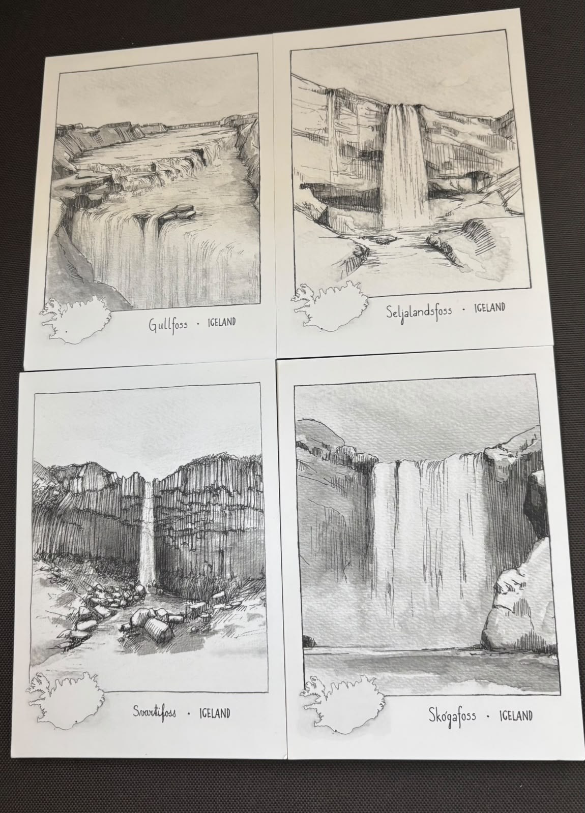 Four illustrated postcards of Gullfoss, Seljalandsfoss, Svartifoss, and Skogafoss, Reykjavik, Iceland