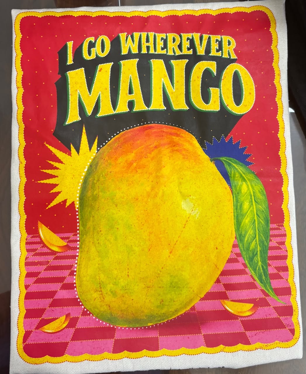A tote bag illustrated with a mango, from ordering every mango variety Blinkit had to offer, Bangalore, India