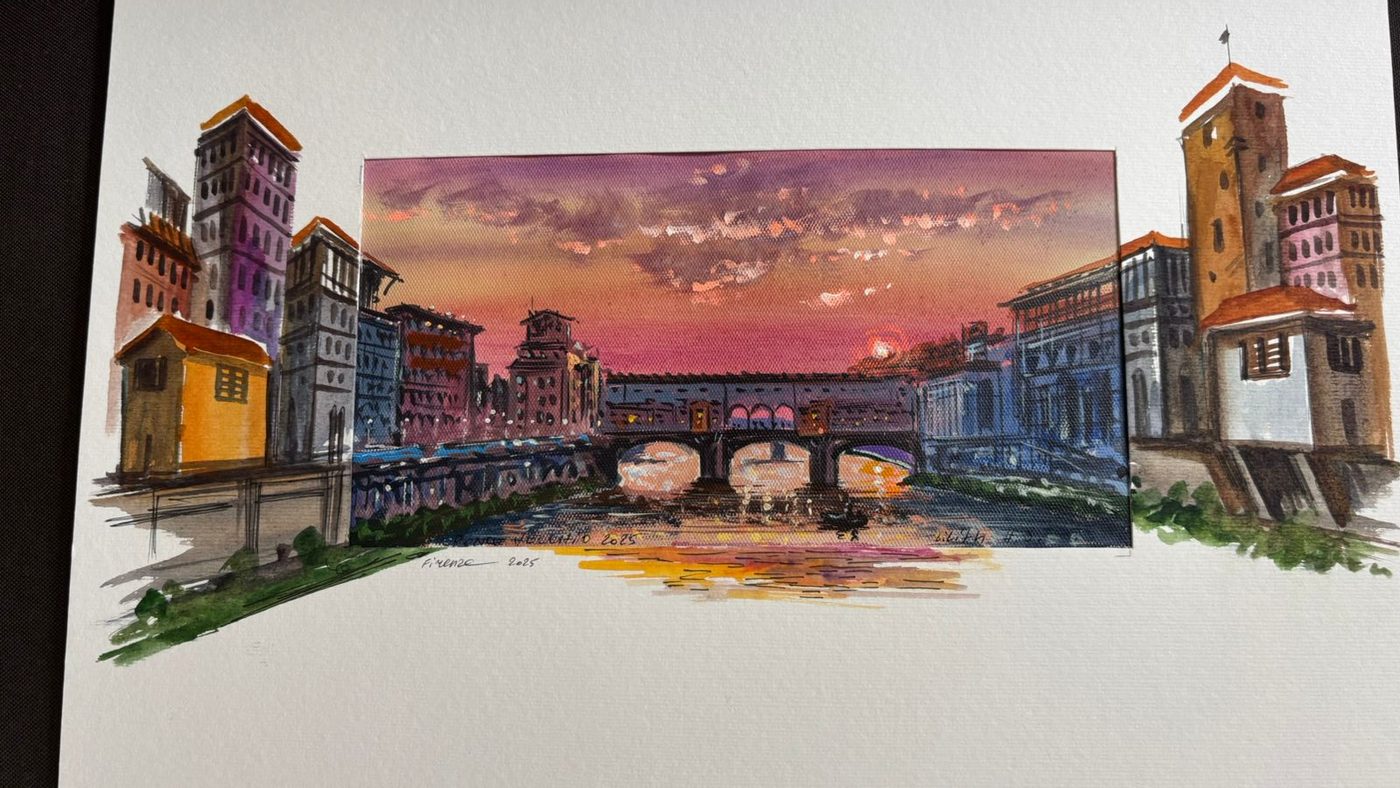 Watercolor painting of Ponte Vecchio at sunset, Florence, Italy