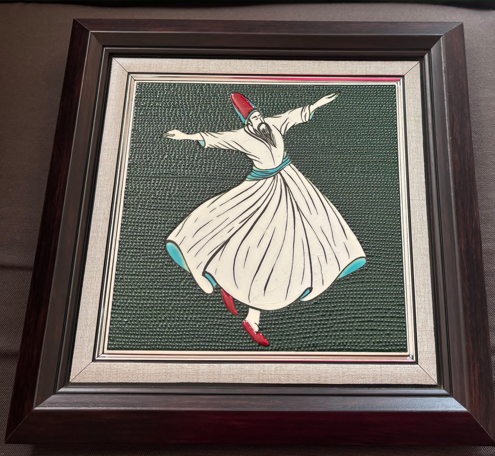 Whirling dervish artwork on a ceramic tile, framed, Kas, Turkey