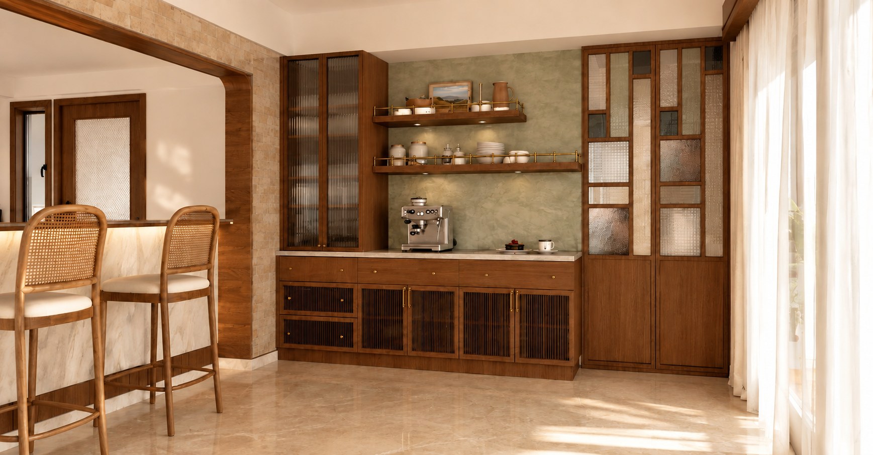 Interior design render of the Two Good coffee station wall: dark walnut cabinetry with fluted glass doors, open shelving with brass rail edging holding ceramics, a sage stone backdrop, and a built-in espresso machine on the counter