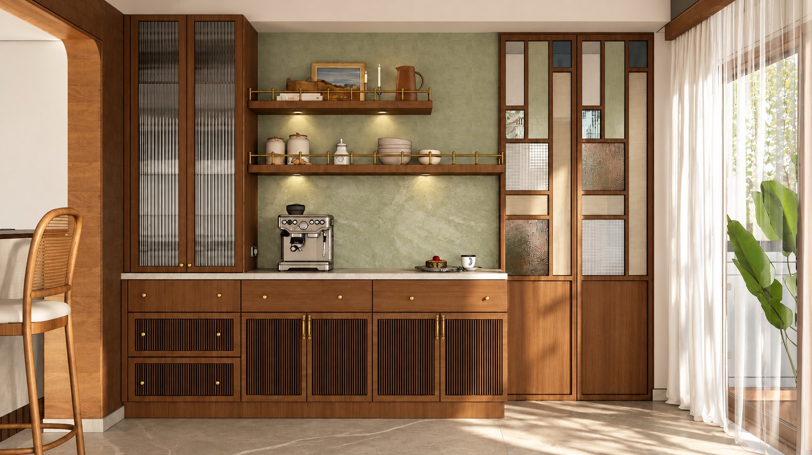 A closer render of the same coffee station wall, showing the espresso machine, open shelving, and cabinetry detail