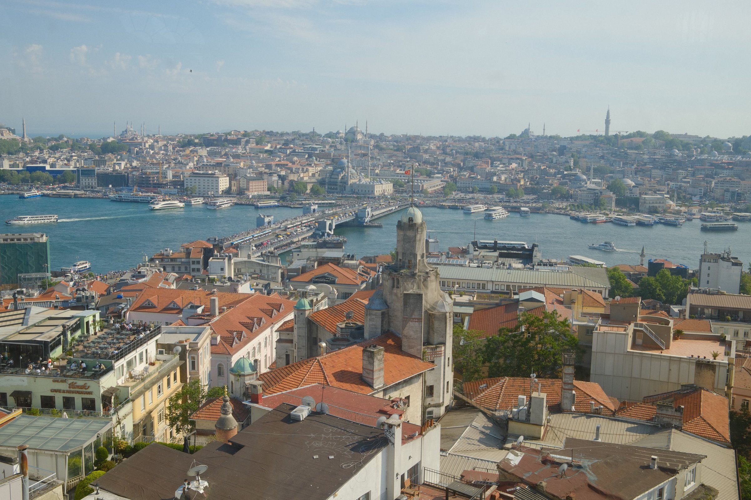 Istanbul's rooftops and the Bosphorus stretching out, seen from Galata Tower.